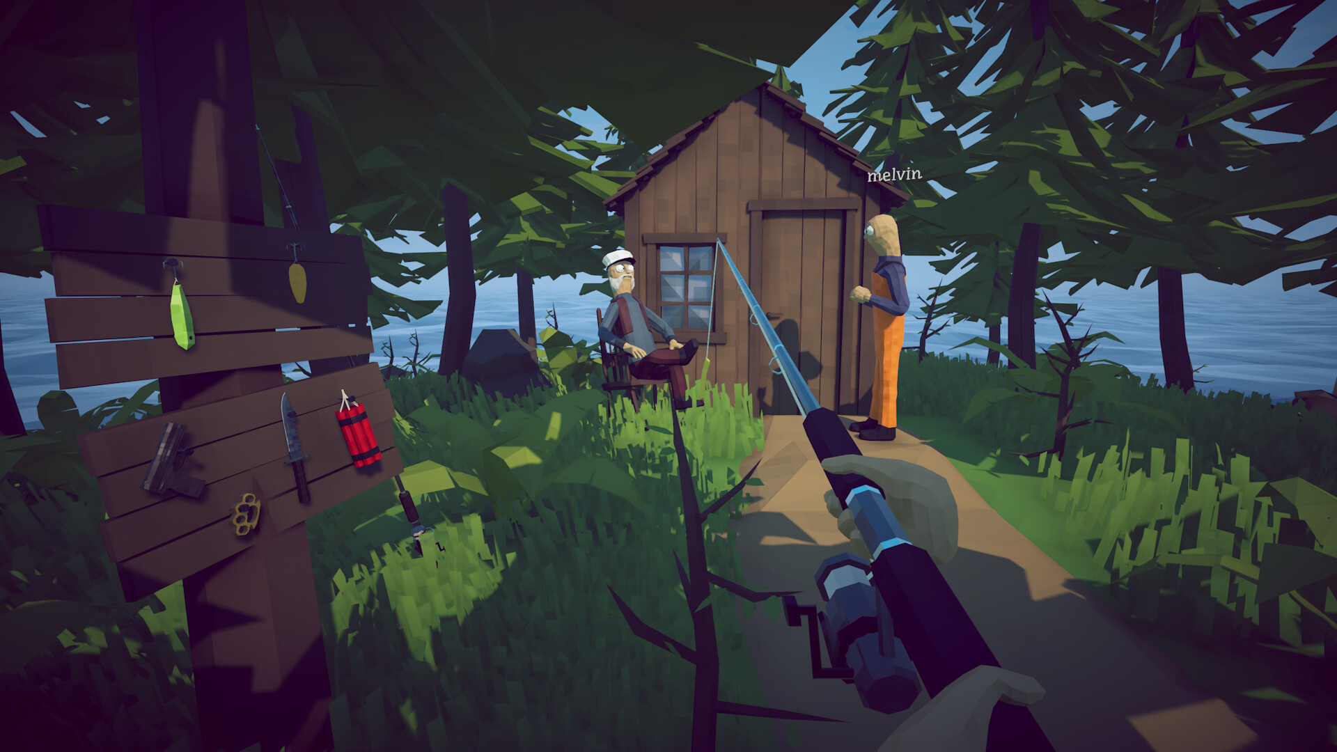 A player fishing beside the Forest island NPC hut, with bait and equipment displayed nearby