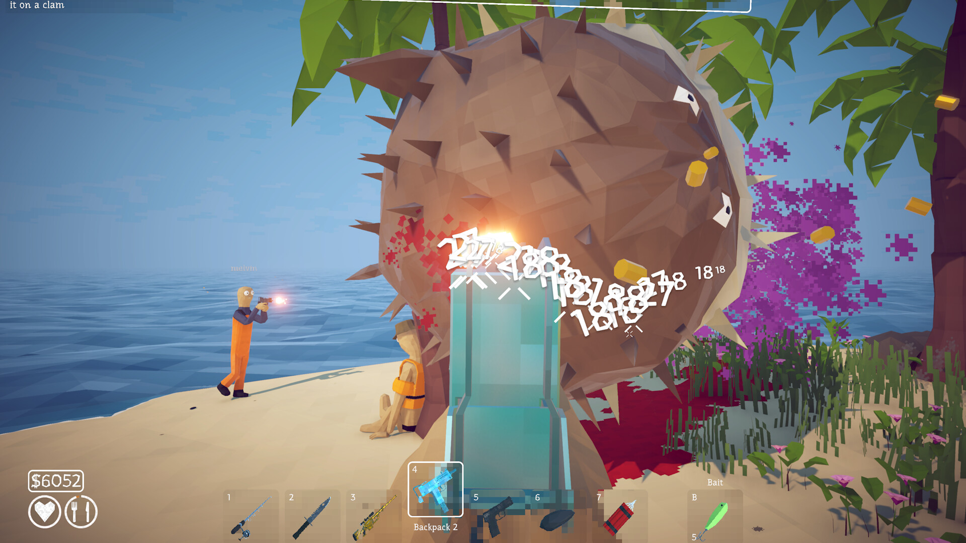 Two players shooting a large Pufferfish on a tropical island