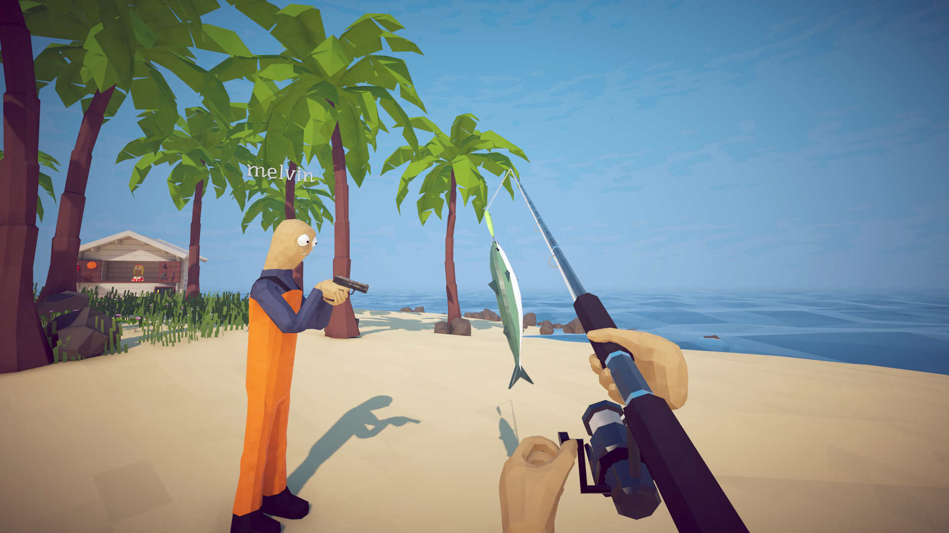 Two How to Fish players sharing a catch on a tropical beach
