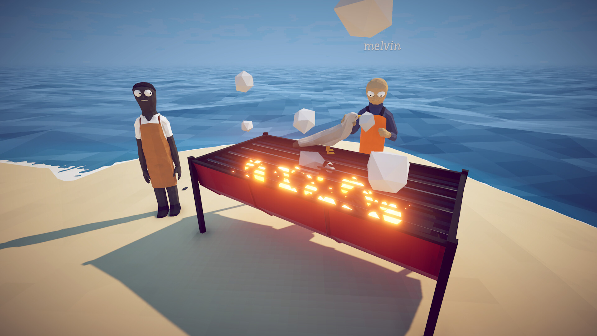 Players cooking a catch on the island grill