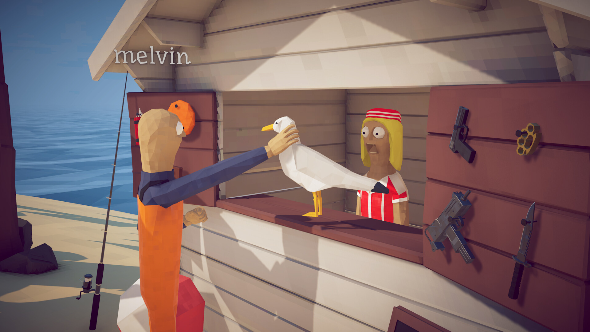 A How to Fish weapon vendor with pistols, an Uzi, a knife, and dynamite on display