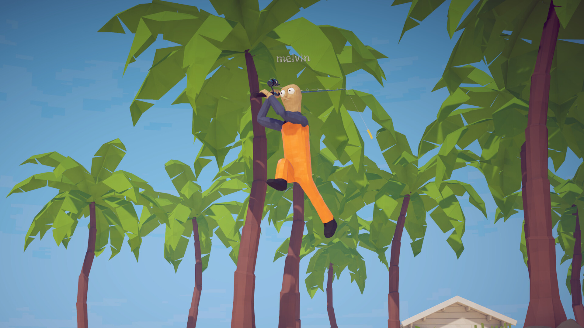 A player lifted into the palm trees by the physics of a fishing cast